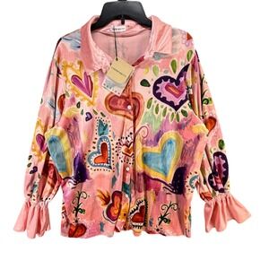 CherryBetty Heart Print Velvet Shirt Women 2XL Pink Bell Sleeve Artsy Whimsical